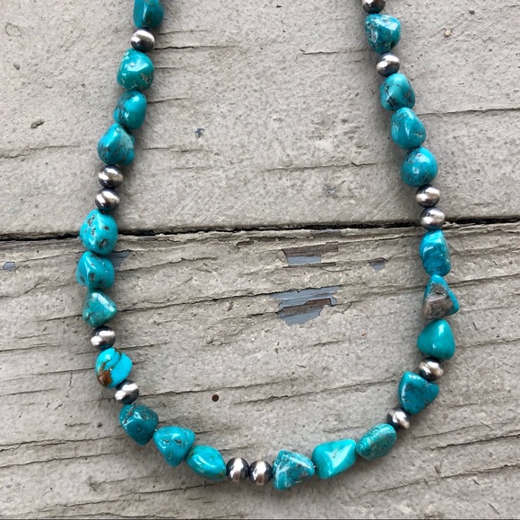 Blue Royston Turquoise Nugget & Sterling Silver Navajo Pearls' Necklace - Picture 5 of 7